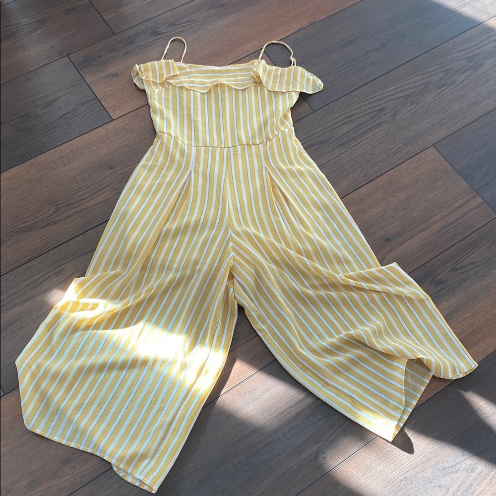 Summer Cottagecore Altar’d State Yellow Striped Jumpsuit with Ruffle Detail - Picture 4 of 4